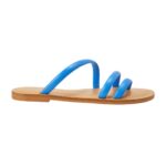 Cacau Calf Blue Leather Three-Strap Slide Sandals