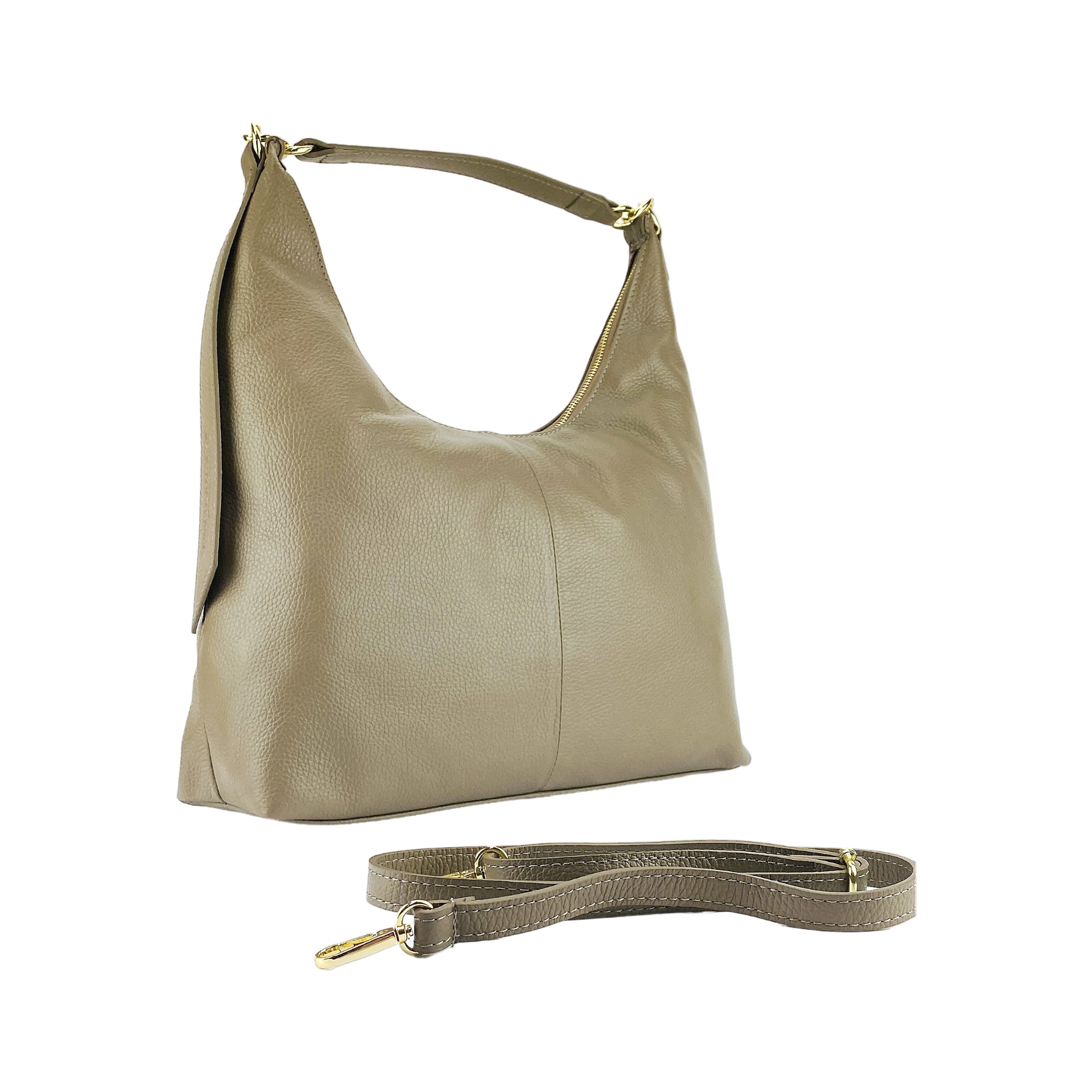 RB1017AQ.jpg RB1017AQ | Borsa Donna a spalla Morbida in Vera Pelle Made in Italy con manico singolo e tracolla removibile. Attacchi con moschettoni in metallo Oro Lucido - Colore Taupe - Dimensioni: cm 36 x 40 x 13 - Image 1