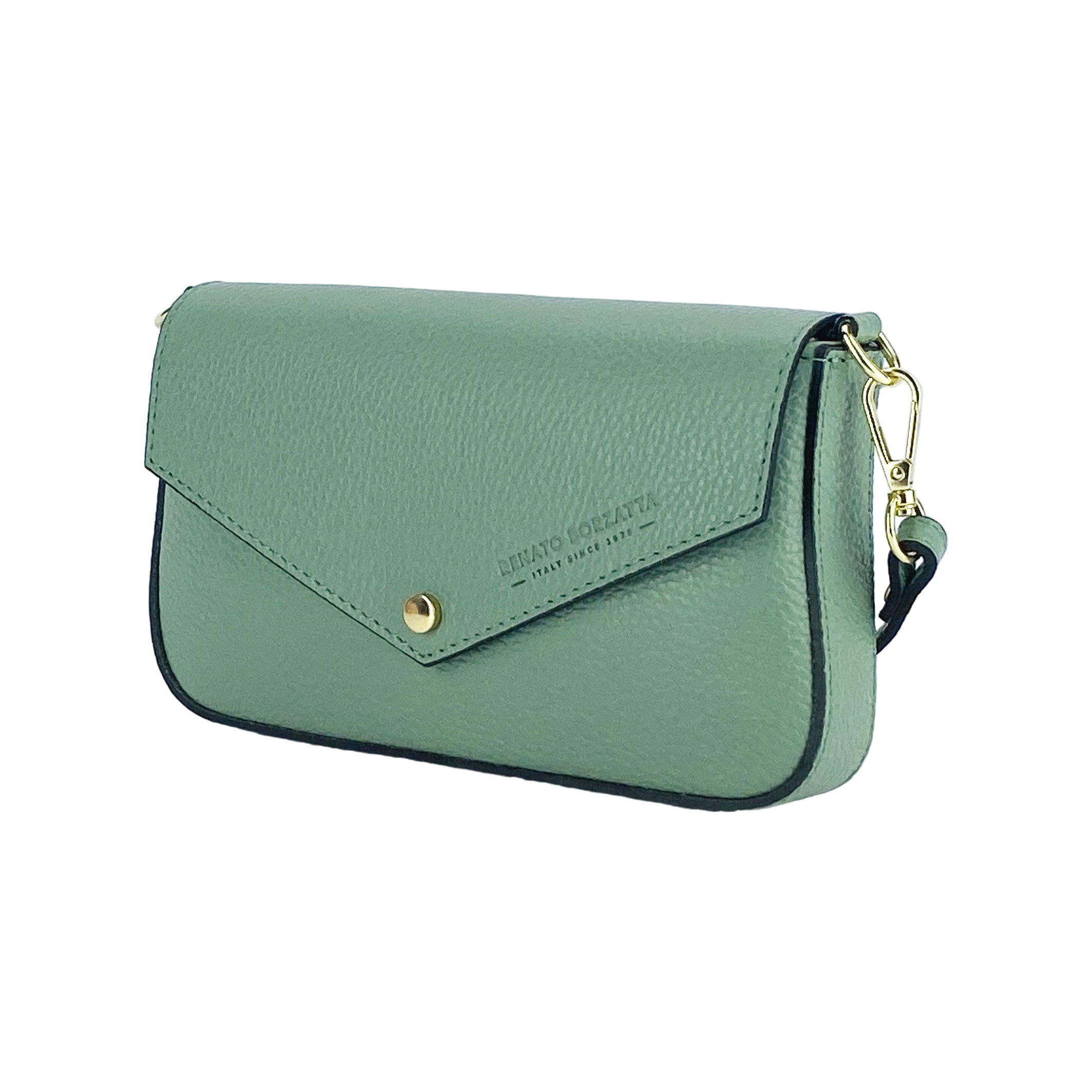 RB1023BF.jpg RB1023BF | Small Shoulder Bag with Removable Chain Strap in Genuine Leather Made in Italy. Flap Closure. Shiny Gold metal hardware - Mint color - Dimensions: 22 x 12 x 3 cm. - Image 1