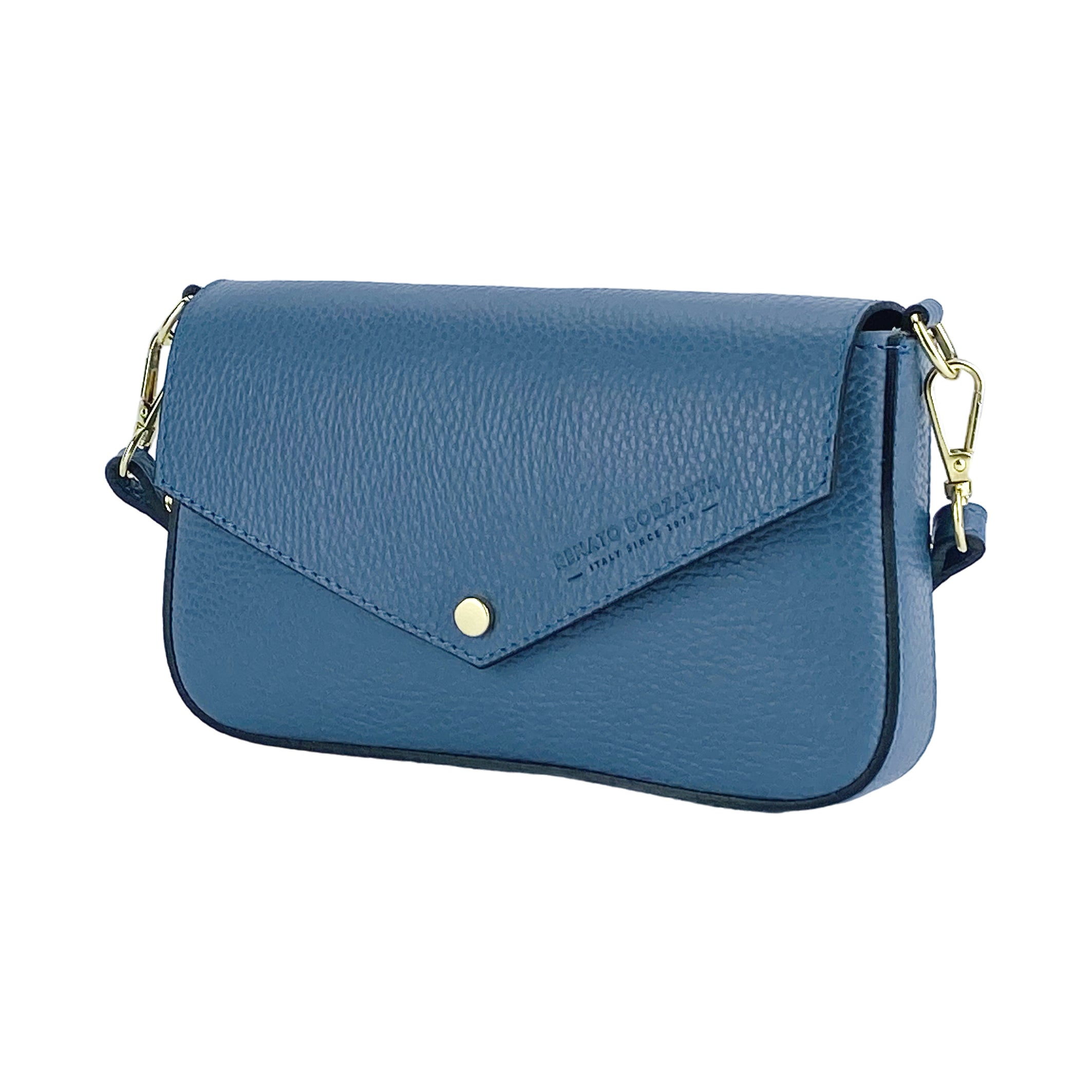 RB1023P.jpg RB1023P | Borsa piccola a Spalla con Tracolla a catena removibile in Vera Pelle Made in Italy. Pattina di Chiusura. Accessori in metallo Oro Lucido - Colore Avio - Dimensioni: cm 22 x 12 x 3 - Image 1