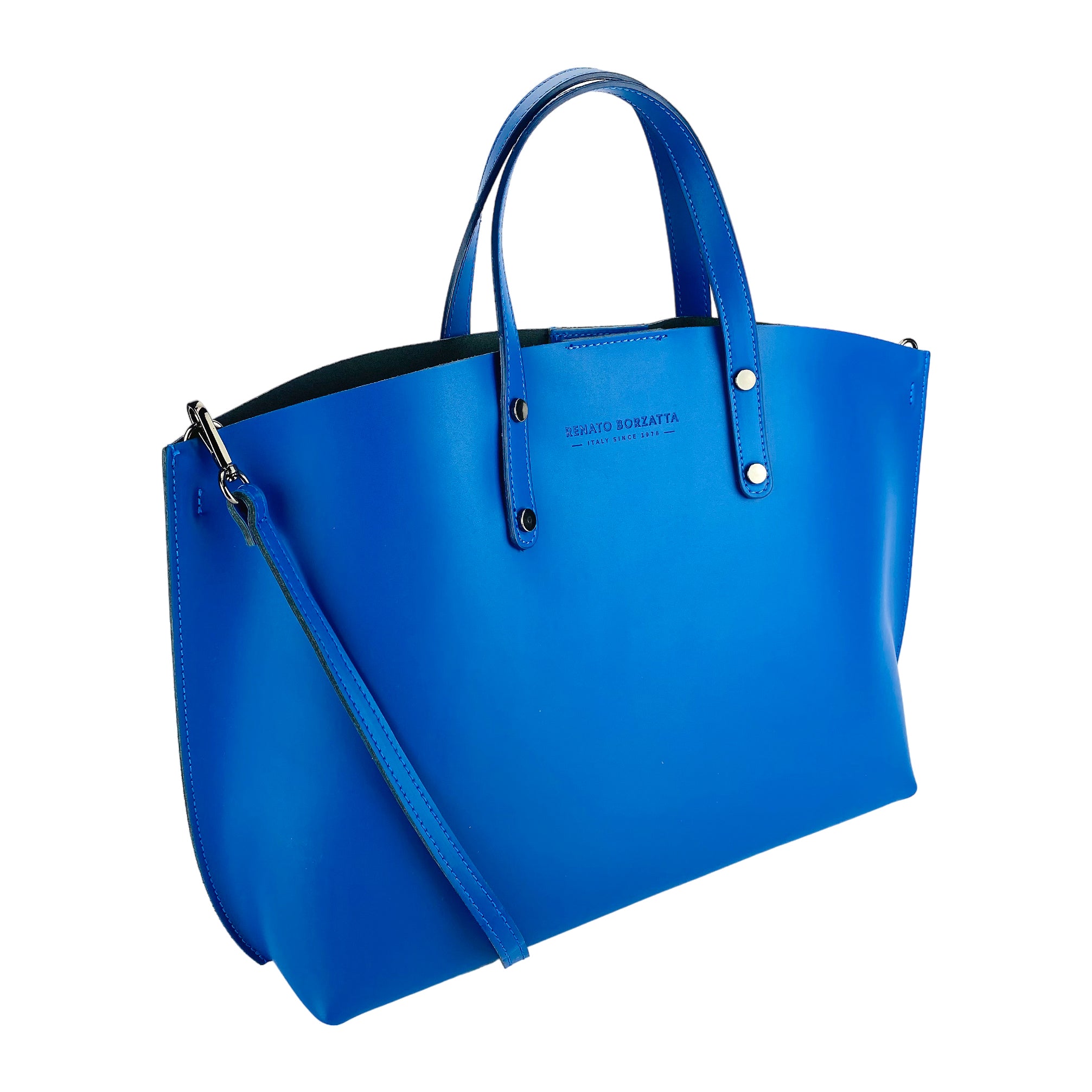 RB1024CH.jpg RB1024CH | Borsa Donna a Mano in Vera Pelle Made in Italy con tracolla removibile. Sacca grande interna estraibile. Accessori Canna di Fucile Lucido - Colore Blu Royal - Dimensioni: cm 48x31x11 - Image 1