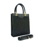 RB1026A  | Borsa Donna a mano verticale in Vera Pelle e Paglia Made in Italy. Tracolla removibile e regolabile in pelle. Accessori Oro Lucido - Colore Nero - Dimensioni: cm 24 x 29 x 9 - Image 3