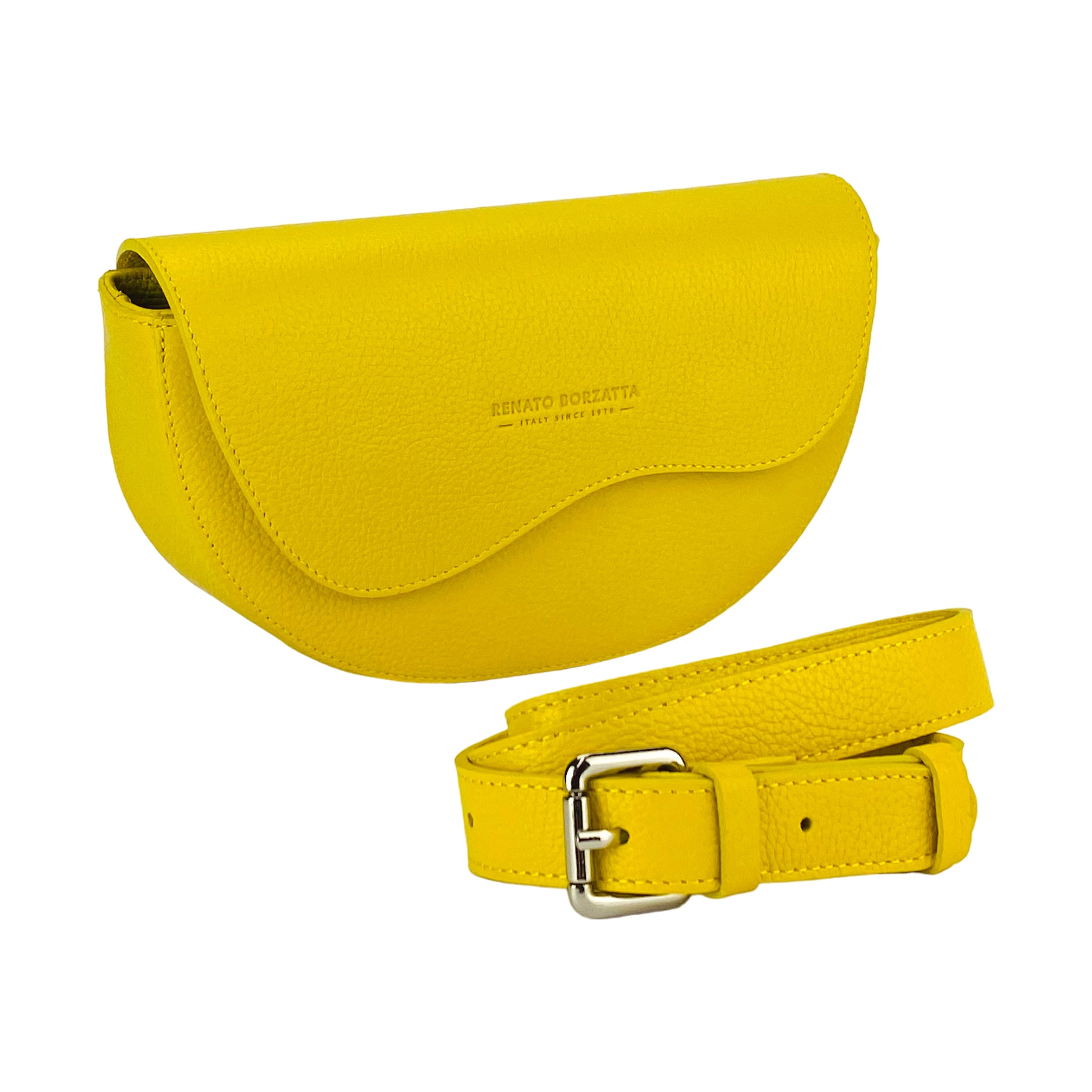 RB1027R.jpg RB1027R | Borsa Donna a Bandoliera stondata in Vera Pelle Made in Italy. Tracolla removibile e regolabile in pelle. Accessori Nickel Lucido - Colore Giallo - Dimensioni: cm 25 x 15 x 9 - Image 1