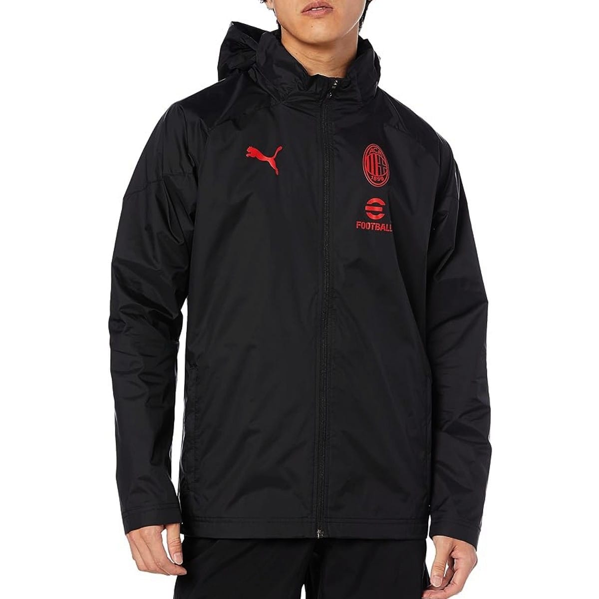 ac-milan-black-puma-rain-jacket-hooded-front-view.jpg AC Milan black soccer training rain jacket 2023/24 - Puma - Image 1