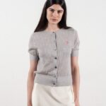 Cardigan col rond manches courtes femme en cachemire et laine ajouré ultrafin gris clair - FRIDA 6