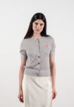 Cardigan col rond manches courtes femme en cachemire et laine ajouré ultrafin gris clair - FRIDA 6