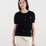Cardigan col rond manches courtes femme en cachemire et laine ajouré ultrafin noir - FRIDA 6