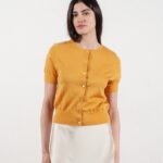 Cardigan col rond manches courtes femme en cachemire et laine ultrafin jaune - FRIDA 5