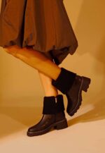 Andira Black Leather Ankle Boots – 5cm Block Heel Shearling Lug Sole - Image 4