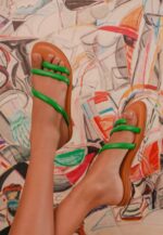 Cacau Calf Green Leather Three-Strap Slide Sandals - Image 4
