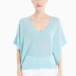 Pull col V manches chauve souris femme en cachemire turquoise - RIA 25