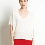 Pull col V manches chauve souris femme en cachemire blanc écru - RIA 25