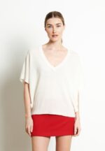 Pull col V manches chauve souris femme en cachemire blanc écru - RIA 25