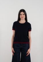 T shirt col rond manches courtes femme en cachemire & laine ultrafin bleu marine & rouge bordeaux - KELLY 1