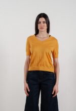 T-shirt col V manches courtes femme en cachemire et laine ultrafin jaune - FRIDA 10