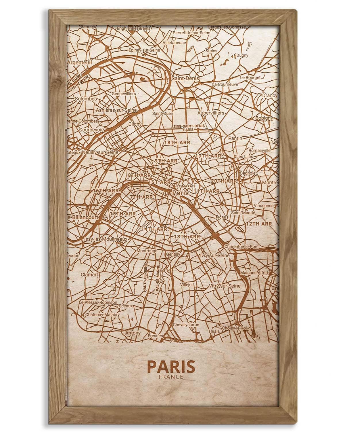 wooden-street-map-of-paris-urban-city-plan-5.jpg Wooden Street Map of Paris - Urban City Plan, in an oak frame - Image 1