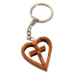 Keyring with cross in a heart made of olive wood
